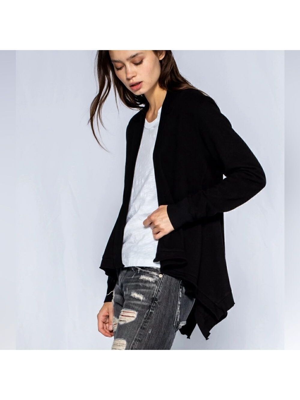 WILT Fly Away Angled Hem Open Front Cotton Cardigan